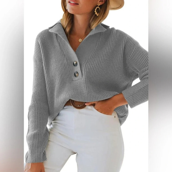 LILLUSORY Light Gray Henley Knitted Pullover Sweater Tops Size L EUC - Picture 3 of 5